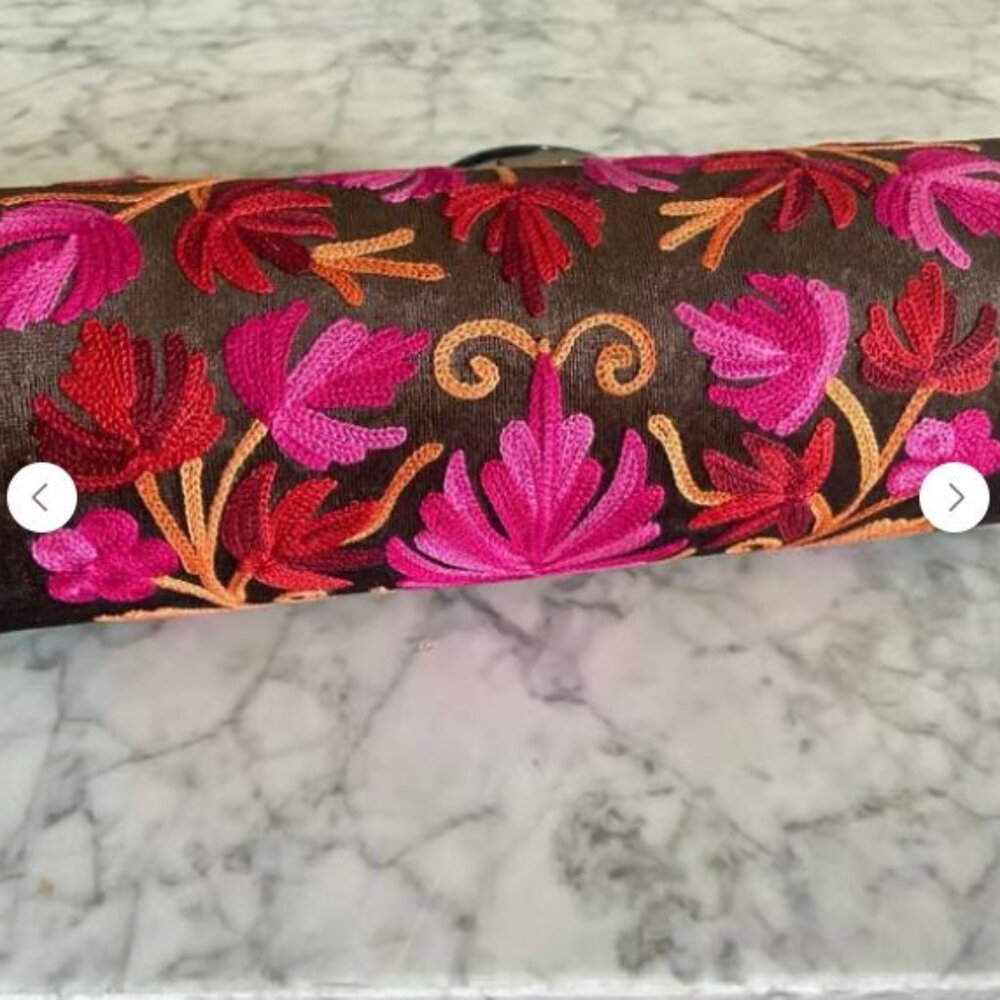 Brown Brown velvet/Pink+Ornge embroidered Kashmir Cylinder Clutch